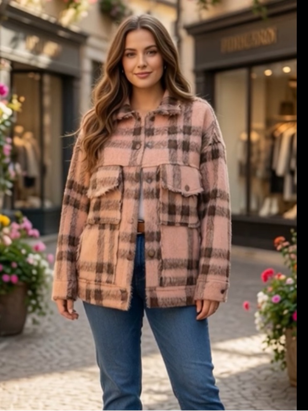 POL Plaid Button-Up Women's Jacket Light Orange & Black Fits Small  to medium